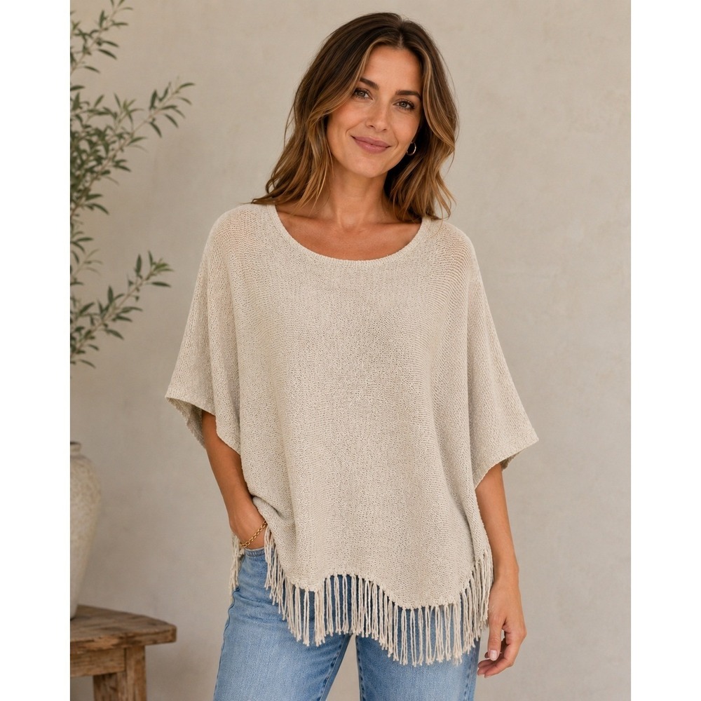 NY Collection Sweater Medium Beige Fringe Hem Dolman Boho Coastal Beachy Cottage